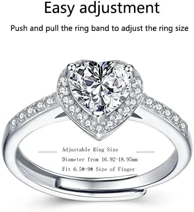 Miniatura 3 de Atylyk Anillo de compromiso ajustable de moissanita de 1 quilate de plata de ley 925, anillos solitarios para mujer