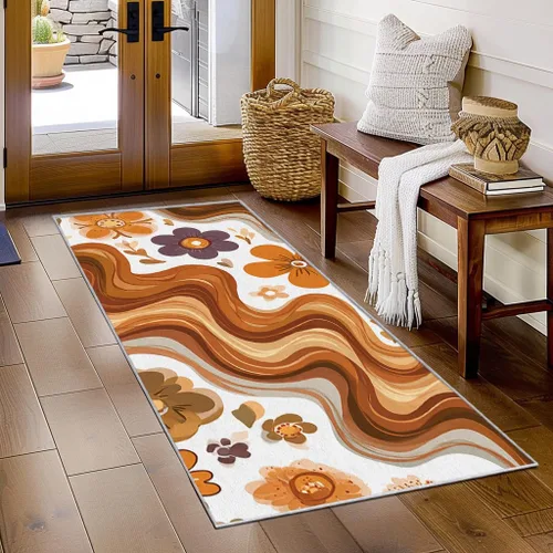 Miniatura 2 de Alfombra de pasillo de 2 x 4 pulgadas, tamaño pequeño, diseño floral retro de los años 70, antideslizante, lavable, alfombra de decoración del hogar