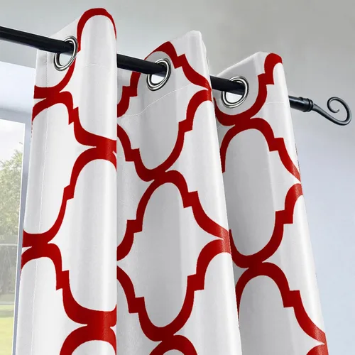 Miniatura 2 de Melodieux Cortina opaca con ojales para oscurecer la habitación, estilo marroquí, para ventanas pequeñas, 42 x 45 pulgadas, color blanco roto/rojo