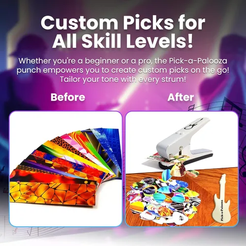Miniatura 5 de Gran kit de Pick-a-Palooza para hacer tus propias púas para guitarra, para regalo. Dispositivo prémium para fabricar púas. Cadena de cuero porta