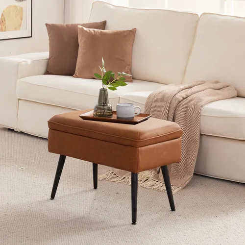 Miniatura 3 de Otomana de Almacenamiento Tapizada con Asiento Acolchado, Taburete de Tocador Capitoné con Patas de Metal, Taburete Decorativo, Cuero Sintético