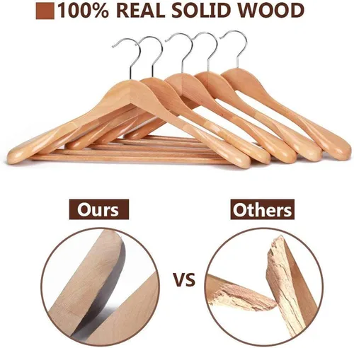 Miniatura 4 de JS HANGER Perchas de madera para trajes, paquete de 6 perchas de madera extra anchas con barra antideslizante para pantalones, acabado natural extra