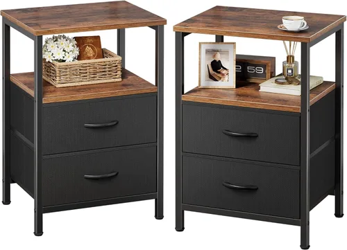 Miniatura 15 de Huuger Mesita de noche con 2 cajones, mesa auxiliar de cama con estante abierto, parte superior de madera, mesita de noche para dormitorio, mesa