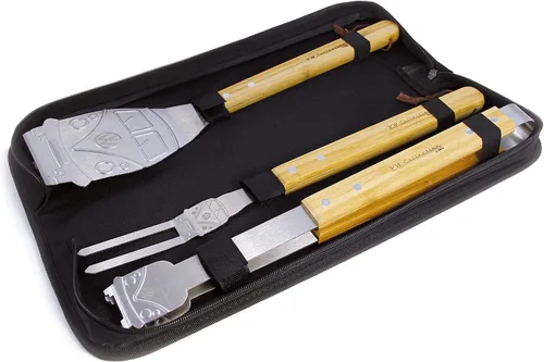 BRISA VW Collection - Juego de cubiertos para parrilla de acero inoxidable Volkswagen, pinzas, tenedor y girador en diseño de autobús T1 (3 piezas