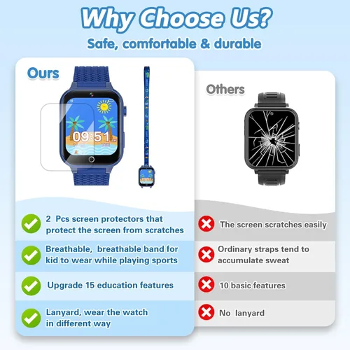 Miniatura 5 de Reloj inteligente para niños, regalo para niños de 3 a 12 años, 2 protectores de pantalla, 26 juegos de rompecabezas, cámara HD, video, reproductor