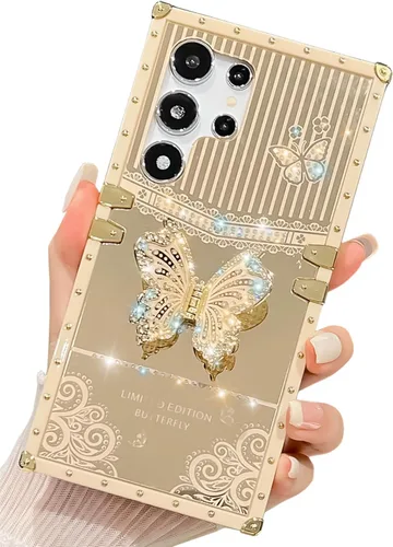 Miniatura 19 de Bonita funda compatible con Samsung Galaxy S22 Ultra, soporte plegable de lujo con diseño de mariposa brillante para mujeres y niñas, funda Blanco