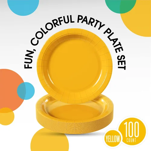 Miniatura 2 de Exquisite Party Solids - Platos desechables de papel amarillo de 7 pulgadas, para fiestas, 100 unidades, resistentes, 350 GSM, suministros