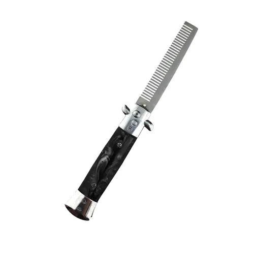Switchblade - Peine de bolsillo plegable, peine de barba de acero inoxidable para hombres, peines de bigote de dientes finos diseñados para Negro