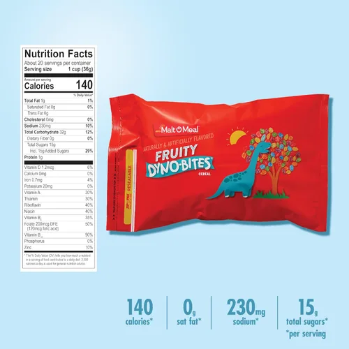 Miniatura 2 de Malt-O-Meal Fruity Dyno Bites Cereal para desayuno sin gluten con sabor afrutado, tamaño a granel para la familia, bolsa resellable de 25 onzas