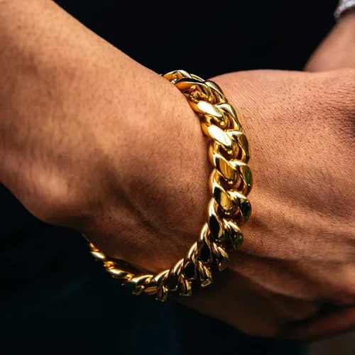 Miniatura 6 de Gargantillabrazalete con cadena de eslabones cubanos pesados para hombre, de acero inoxidable grueso chapado en oro de 14 quilates, disponible