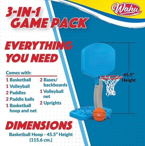 Miniatura 7 de Wahu Paquete de juego de deportes de piscina 3 en 1 con juego de baloncesto, voleibol y pelota de remo Multicolor
