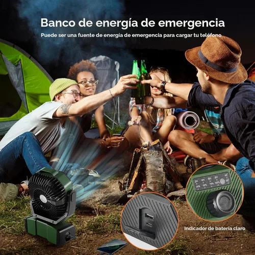 Miniatura 6 de Odoland Ventilador de campamento de 40000 mAh con luz LED, ventilador de escritorio oscilante a batería con control remoto y gancho, ventilador Verde
