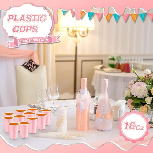 Miniatura 4 de Lounsweer 100 vasos desechables de graduación de 16 onzas para fiesta, vasos de plástico resistentes para agua potable, para cumpleaños, baby Rosa