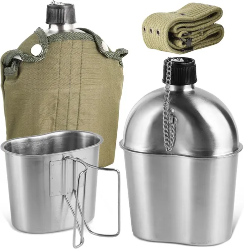 Cantimplora militar de acero inoxidable de 1 cuarto portátil del ejército con taza de 0.5 cuartos y funda de cinturón de nylon para senderismo,