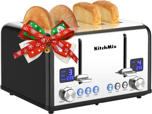 Miniatura 9 de Tostadora de 4 rebanadas, tostador de panecillos de acero inoxidable KitchMix con temporizador LCD, ranuras extra anchas, pantalla dual, bandeja