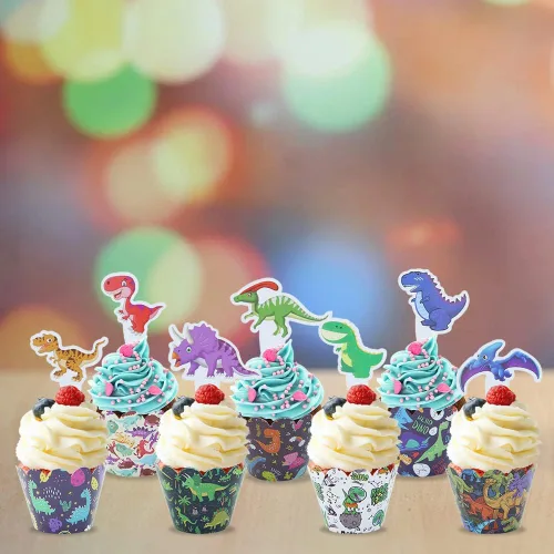 Miniatura 4 de 48 piezas de adornos y envoltorios de dinosaurios para cupcakes, dinosaurios de dibujos animados para niños y niñas, fiesta de cumpleaños, baby