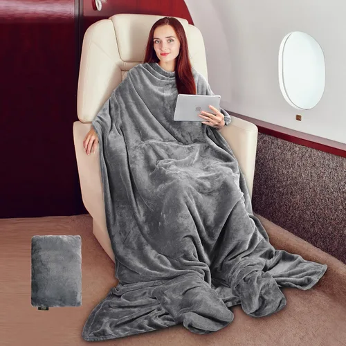 Miniatura 8 de Tirrinia Manta de Viaje con Almohada - Manta de Avión Vestible con Bolsillos para los Pies para Vuelos Largos, Manta Bata Accesorio de Avión