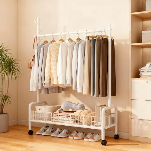 Miniatura 14 de Perchero con estantes de almacenamiento, perchero resistente con ruedas para dormitorio, sala de estar, organización de lavandería