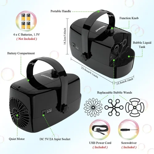 Miniatura 7 de Wisdomlit Máquina de burbujas, máquina de burbujas 3 en 1, soplador de burbujas con 3 ruedas de burbujas, hace pequeña mediana burbujas grandes