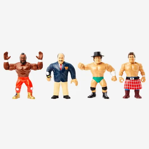 WWE - Figura de acción retro (4 unidades), Cowboy Bob Orton, Mean Gene Okerlund, Mr T y Rowdy Roddy Piper