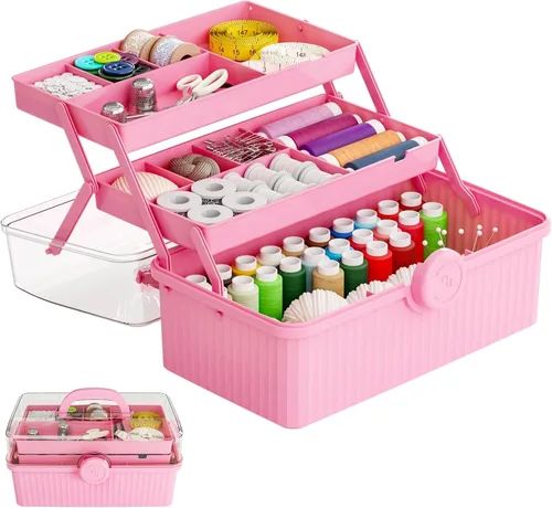 Miniatura 12 de Caja de plástico de 3 capas para manualidades y caja de herramientas para manualidades, caja de almacenamiento de plástico multiusos con asa