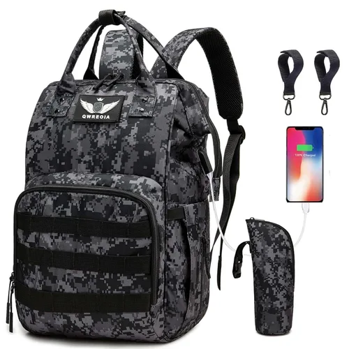 Mochila para pañales con puerto de carga USB, correas para cochecito y bolsillo aislado, mochila militar del ejército de viaje para papá/mamá negro