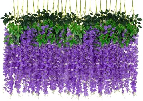 Miniatura 13 de Paquete de 12 flores colgantes de glicina artificial, guirnalda de flores de glicina falsas, enredaderas de seda, decoración de ratán para el hogar