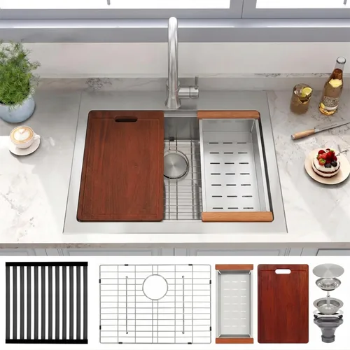 Miniatura 22 de Fregadero de cocina dorado, fregadero de cocina empotrado de 30 x 18 pulgadas, fregadero de acero inoxidable calibre 16 Oro
