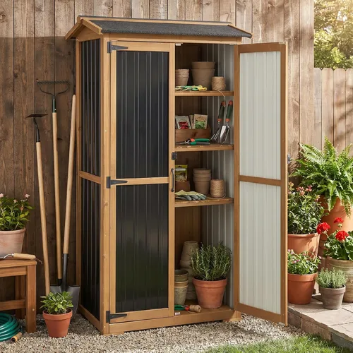 Miniatura 11 de Pequeño armario de almacenamiento para exteriores con estante, cobertizo de almacenamiento de madera blanca y plástico con techo impermeable