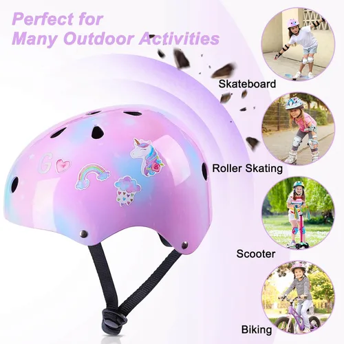 Miniatura 7 de Casco para niños, casco de bicicleta para niños pequeños con pegatinas DIY Unicornio, rodilleras y coderas ajustables, juego de protección para Rosa