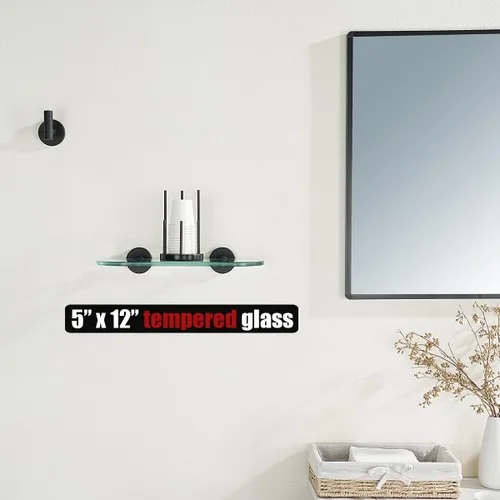 Miniatura 2 de JQK Estante de cristal para baño negro, almacenamiento de ducha de vidrio templado de 12 x 5 pulgadas, montaje en pared negro mate de acero