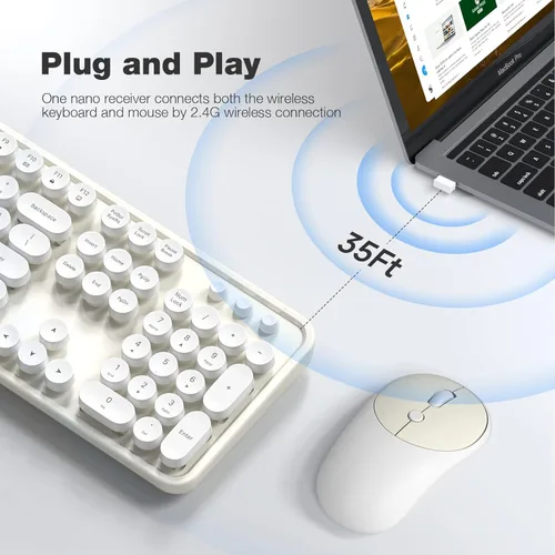 Miniatura 150 de KNOWSQT Combo de teclado y ratón inalámbrico, teclados lindos de tamaño completo estilo máquina de escribir 2.4G azul colorido - receptor USB Plug
