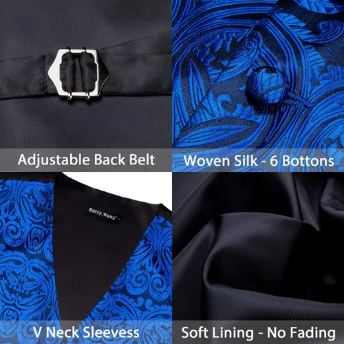 Miniatura 70 de Barry.Wang Conjunto de chaleco de pajarita para hombre, chaleco con cuello en V de seda jacquard de cachemira, gemelos de pañuelo formal/ocio, boda