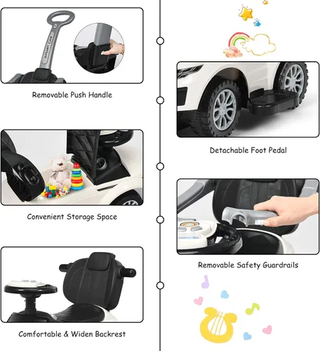 Miniatura 6 de Costzon 3 en 1 Coche de Paseo y Empuje, Carriola Deslizante con Bocina, Música, Luz, Almacenamiento Bajo el Asiento, Mango Parental, Barreras