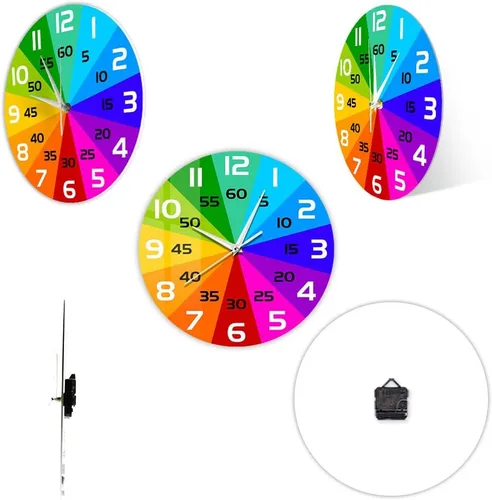 Miniatura 7 de Reloj de pared educativo con ruedas de color arcoíris de 15 pulgadas, para enseñar la hora y aprender a decir la hora, silencioso, sin tictac