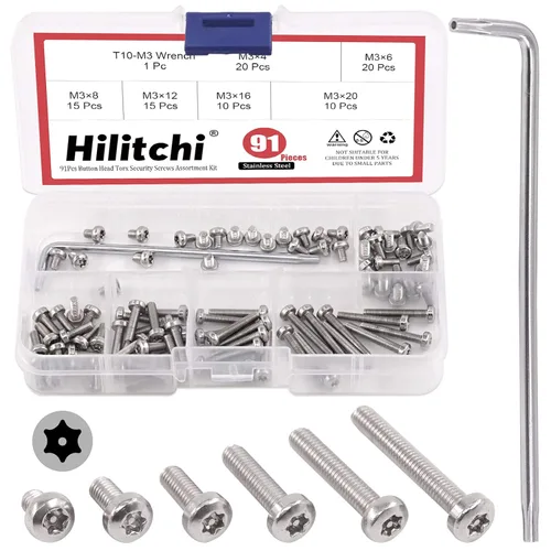 Hilitchi 90 tornillos de seguridad Torx de cabeza de botón M3 de 6 tamaños, tornillos de seguridad de acero inoxidable a prueba de manipulaciones