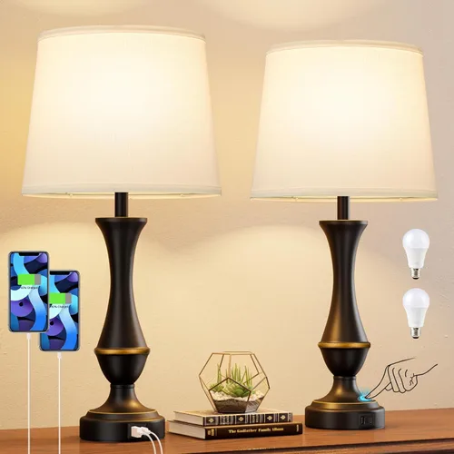 Miniatura 13 de Seealle - Juego de 2 lámparas táctiles mejoradas para mesitas de noche - Lámparas de mesita con USB C+A, regulables de 3 vías para dormitorio, sala