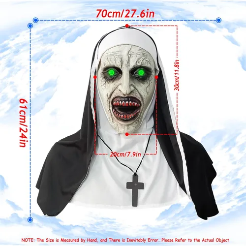 Miniatura 4 de Máscara de terror de monja 2024, máscara de disfraz de cabeza completa con collar de cruz para fiesta de Halloween