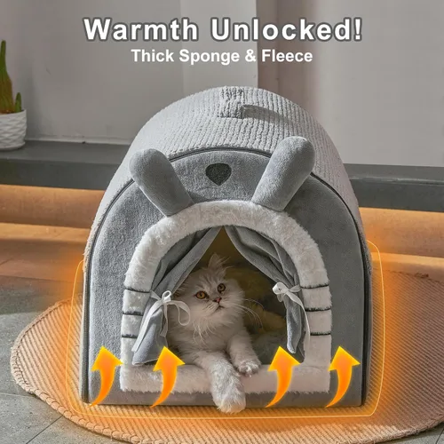 Miniatura 2 de Jiupety Casas para gatos de interior, cama cueva con diseño de cortina de puerta, bonitas camas portátiles con cojín reversible lavable, tamaño S