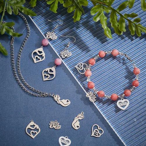 Miniatura 2 de PH PandaHall 20 dijes de 5 estilos para mamá, de acero inoxidable, con texto en inglés "Best Mom I Love Mom", dije de corazón para mamá, dije