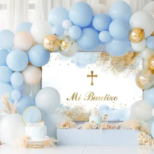 Miniatura 6 de Sendy Telón de fondo de 7 x 5 pies, decoración de fiesta de bautismo mexicano, Dios bendiga al niño, primera comunión, nubes de acuarela azul, fondo
