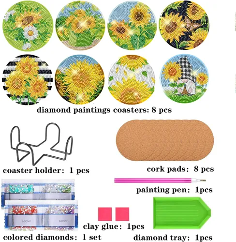 Miniatura 4 de TDOOW 8 Piezas Posavasos de Pintura de Diamante, Posavasos de Arte de Diamante de Girasol para Adultos DIY Posavasos de Arte de Diamante