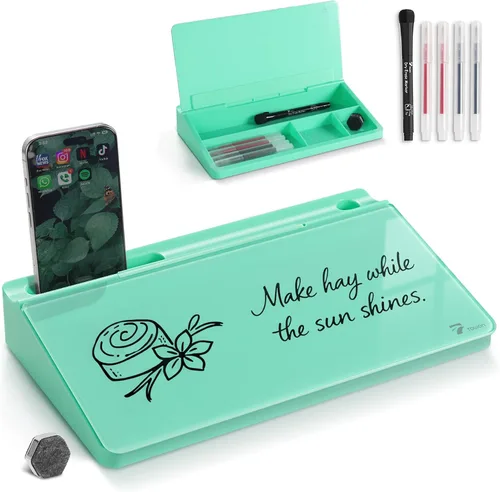 Miniatura 14 de TOWON Pizarra blanca pequeña y compacta de vidrio con almacenamiento, pizarra de borrado en seco de 12 x 7 pulgadas para escritorio, oficina