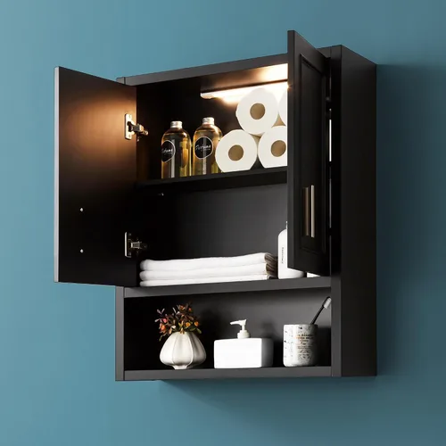 VANIRROR Armario de pared negro de 23 x 29 pulgadas para baño, lavandería, dormitorio, cocina, botiquín de madera, iluminación de bricolaje, bisagra