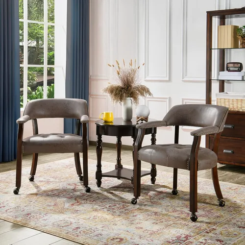 Miniatura 42 de Juego de 8 sillas de cuero de comedor con ruedas y brazos, silla de capitán Accent con ruedas, sillas de madera con ruedas enrollables para cocina