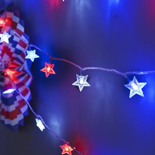 Miniatura 3 de Luces solares rojas, blancas y azules, 4 de julio, tira de luces de estrella decorativa con 100 luces LED solares de jardín, 51 pies, impermeables