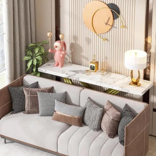 Miniatura 3 de Consola moderna de mármol de 55 pulgadas, mesa larga, estrecha, rectangular, para sala de estar, color dorado y blanco glamuroso, metal, madera