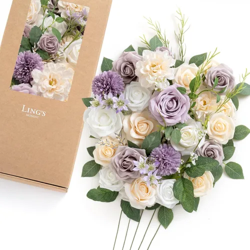 Miniatura 43 de Ling's moment Caja de Flores Falsas, Tallos de Vegetación Artificial Falsa Rosas de Espuma Dalias de Seda Hojas de Rosa Flor de Tela para Centros