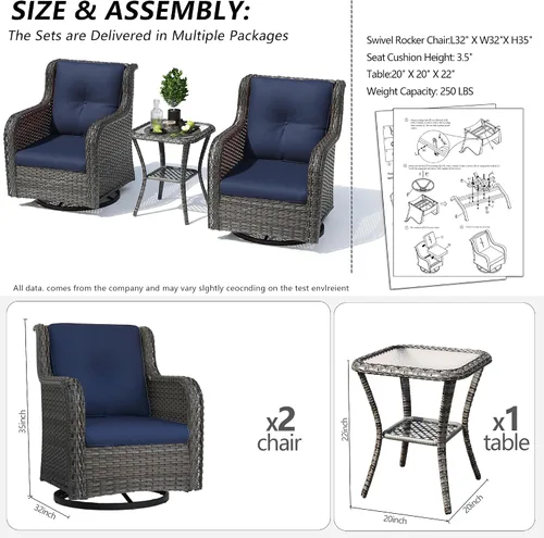 Miniatura 3 de Juego de 2 sillas de patio giratorias de 360 grados para exteriores y mesa auxiliar a juego – 3 sillas deslizantes de mimbre para patio con cojines