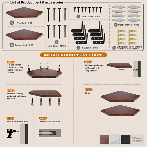 Miniatura 8 de Demigo Estante esquinero para montaje en pared, juego de 2 estantes flotantes de madera de acacia maciza de 11.8 x 16.5 pulgadas, suaves